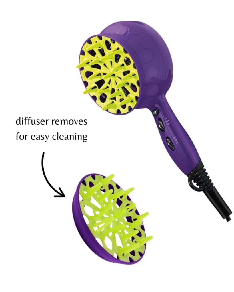 Image of the Bed Head Curlipops diffuser. Features the traditional Curlipops put together in the dark purple with a lime green diffuser, then has the removed diffuser to the left to show that it can be removed for easy AF cleaning!