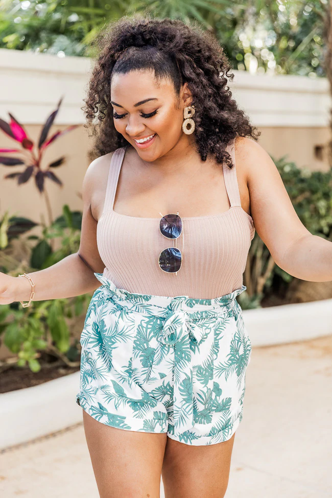 Palm leave green and white paperbag shorts