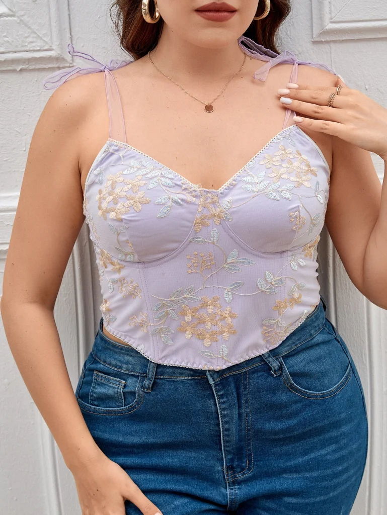 Plus Floral Embroidery Tie Shoulder Bustier Cami Top
