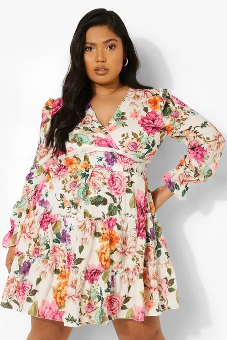 PLUS FLORAL TIERED LONG SLEEVE DRESS