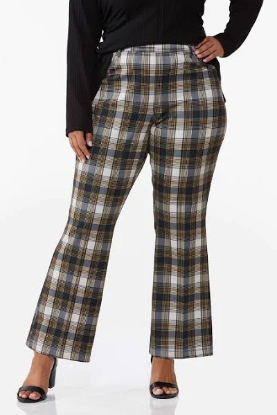 Plus size ponte pants, flared with plaid pattern
