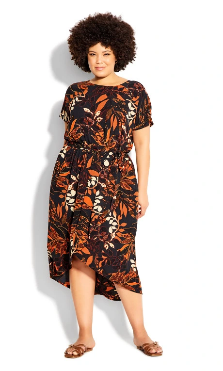 Black and orange leaf dress