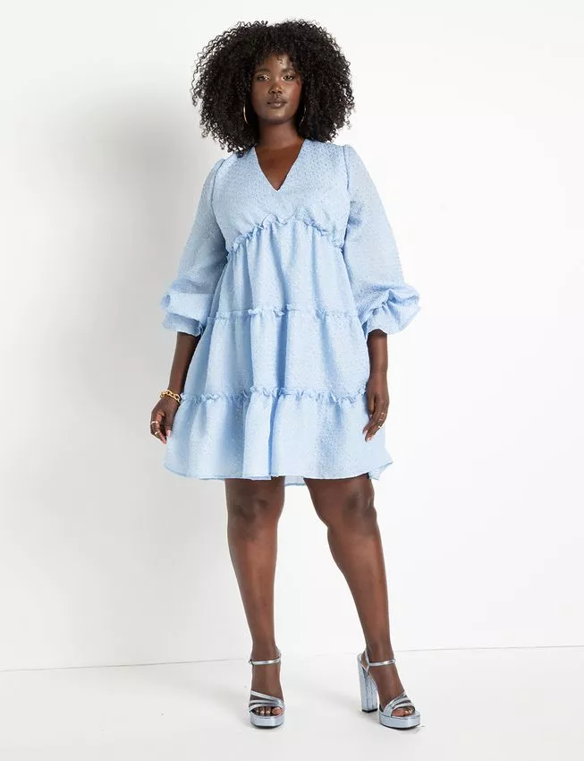 Blue empire waist dress with ruffled tiers