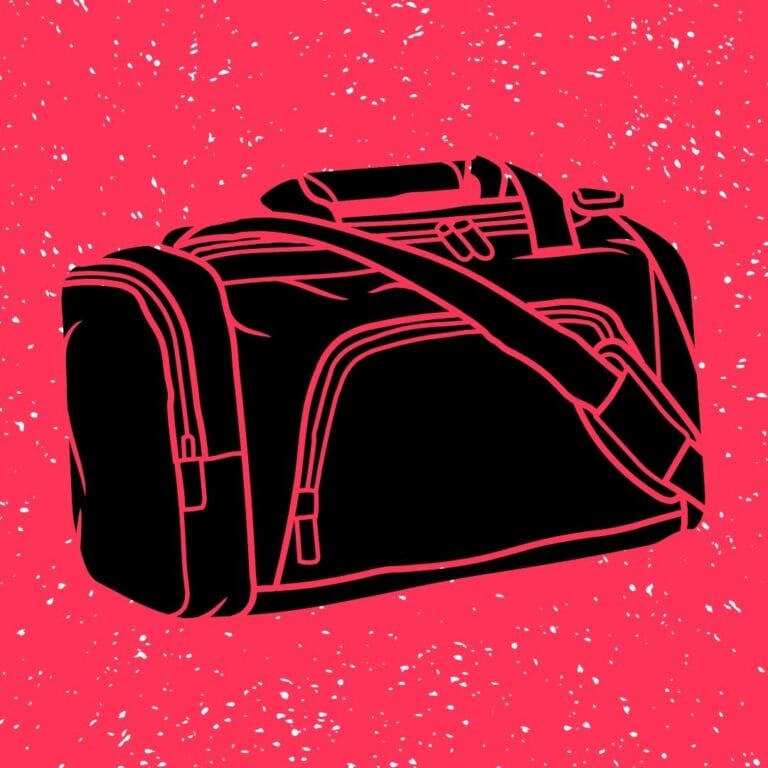 Graphic art of a travel carrier on a pink and white speckled background.