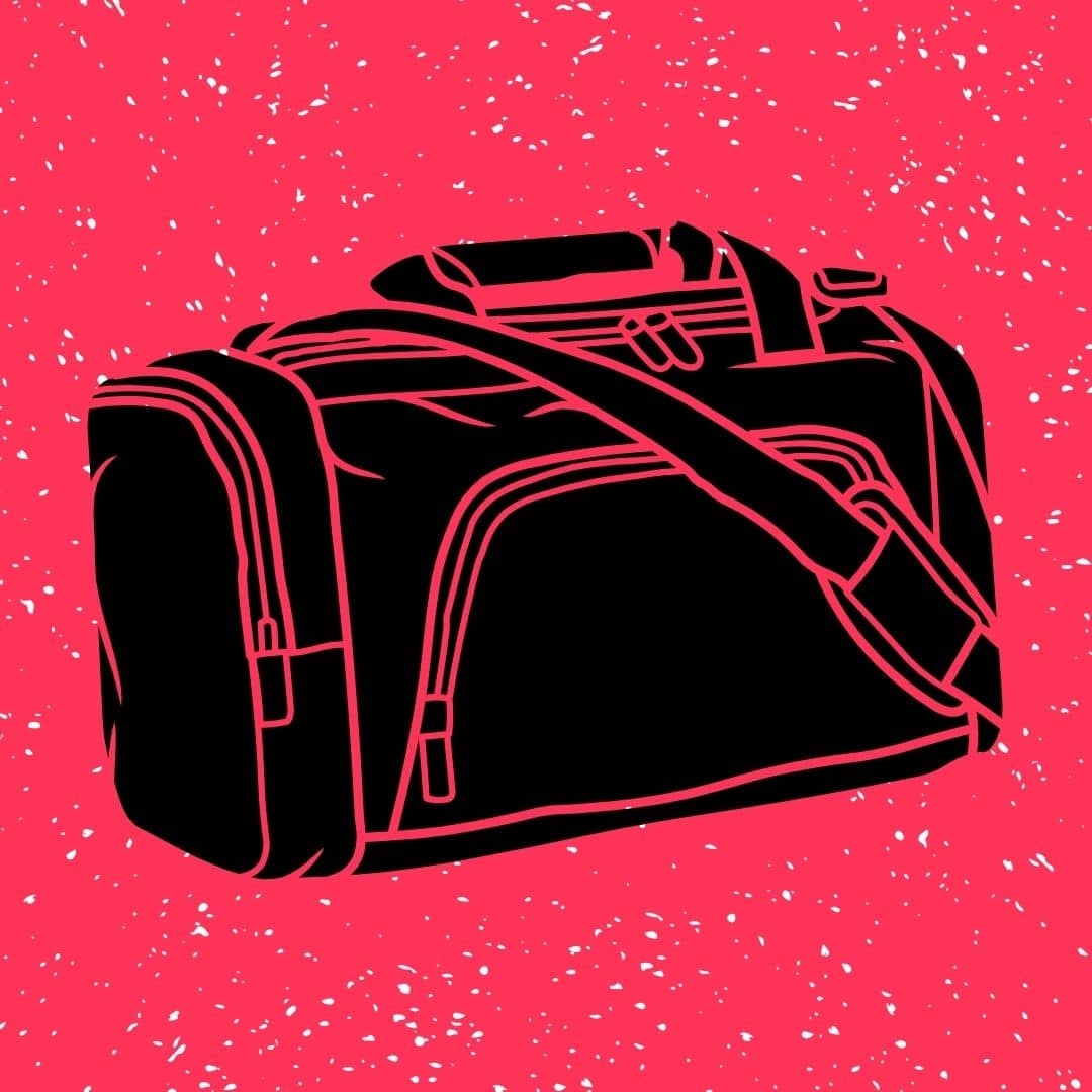 Graphic art of a travel carrier on a pink and white speckled background.