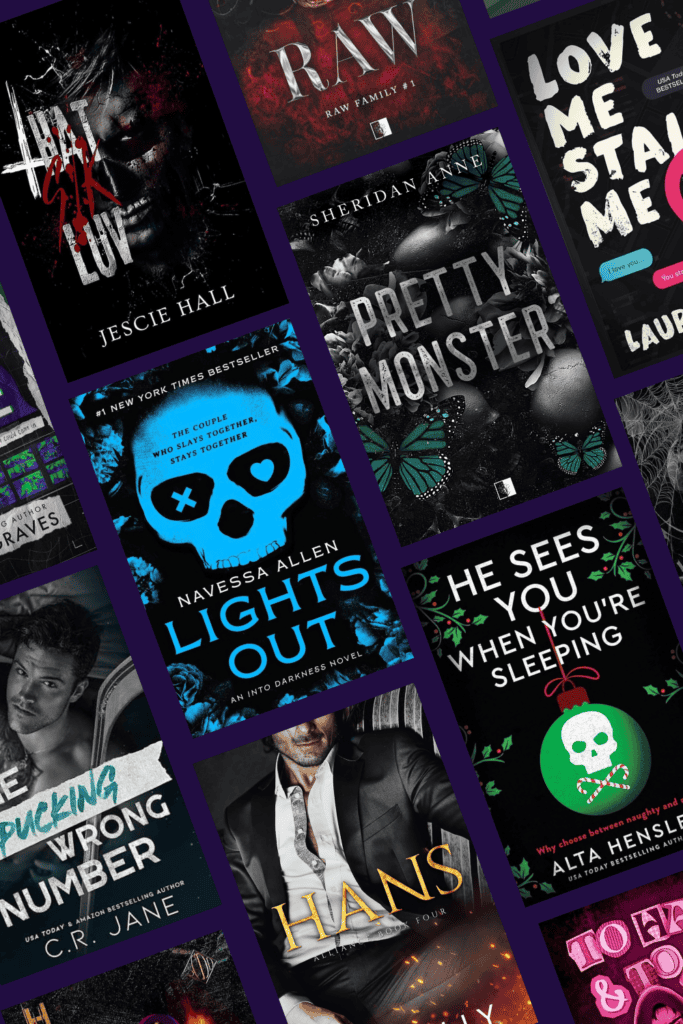 Pin image for stalker romance novels blog post. Features covers of books included in this post