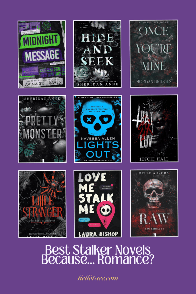 Pin image for stalker romance novels blog post. Features covers of books included in this post