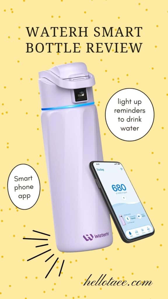 Pin image for the WaterH smart bottle review blog post. Features the text "WaterH Smart Bottle Review" over an image of the purple WaterH bottle with a phone and the app open. It also features other decorative items around.