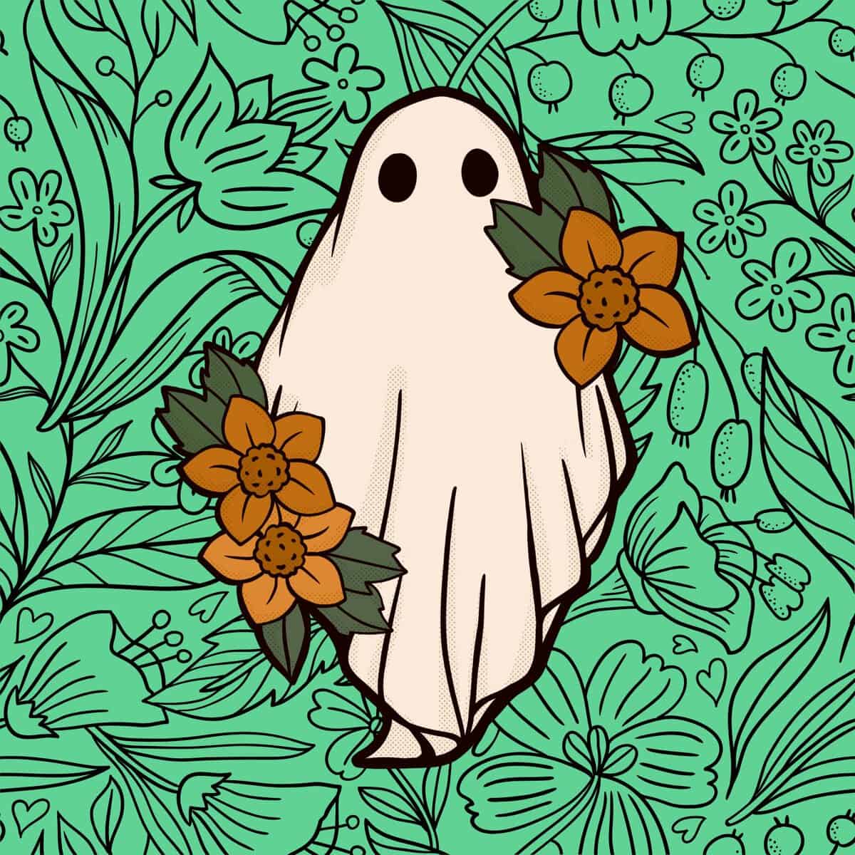 Decorative cover image for Halloween romance reads blog post featuring a cute floral ghosty against a green and black floral background.